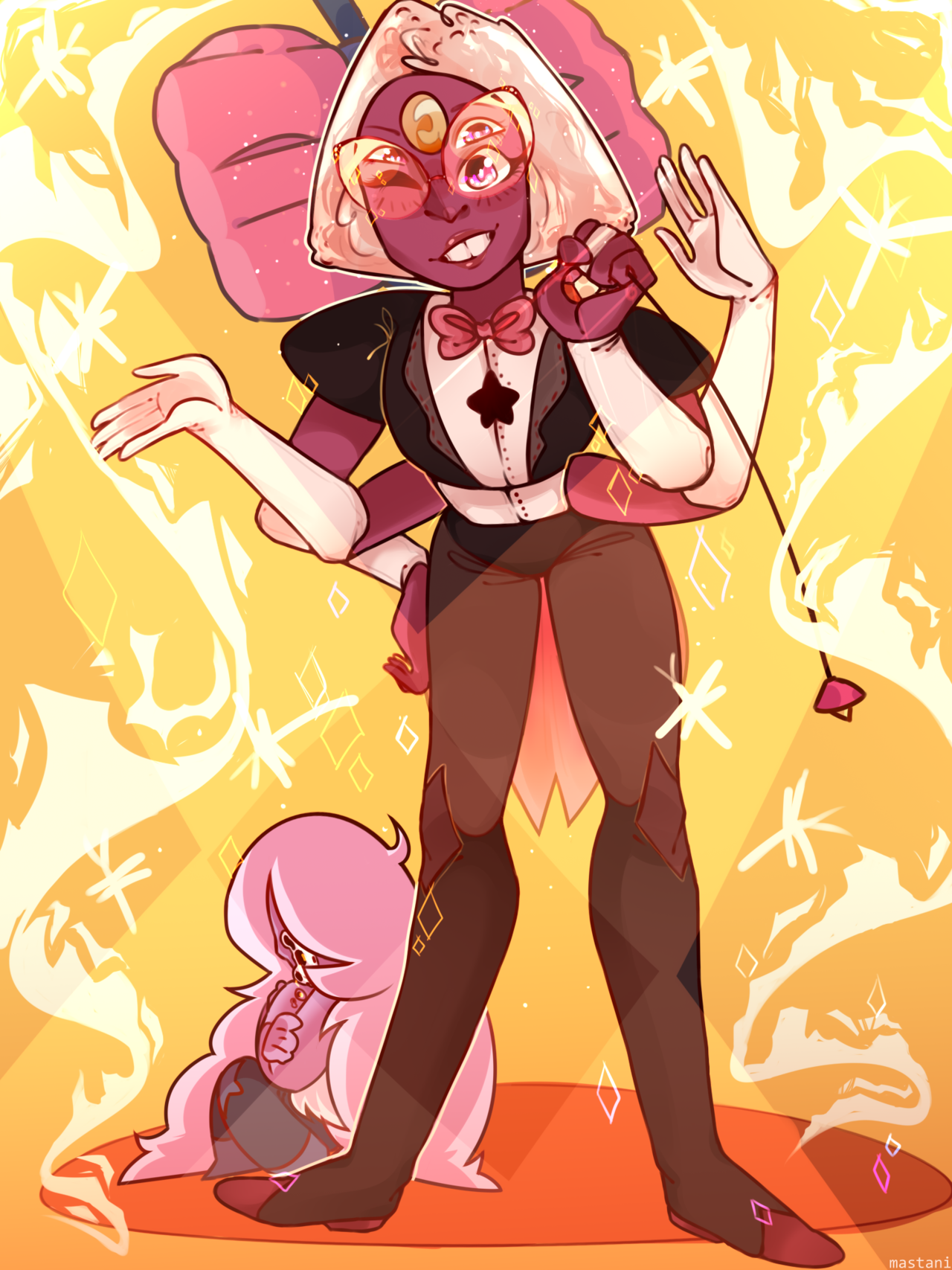 haha guess who’s alive (my tumblr don’t want to work so it doesn’t download images :(( that’s like a redraw of my really old 2016 art and it’s the third redraw of it cause i love sardonyx very much