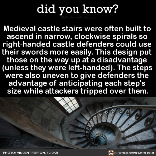 did-you-kno - Medieval castle stairs were often built to ascend...