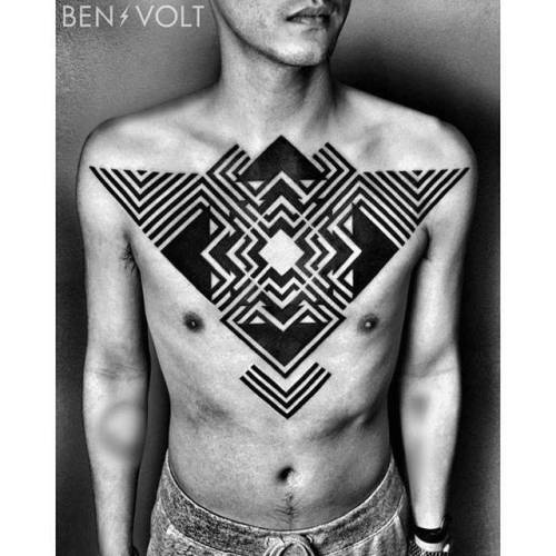By Ben Volt, done at FORM8 Tattoo, San Francisco.... tribal;neotribal;big;chest;compass;travel;benvolt;op art;facebook;blackwork;twitter