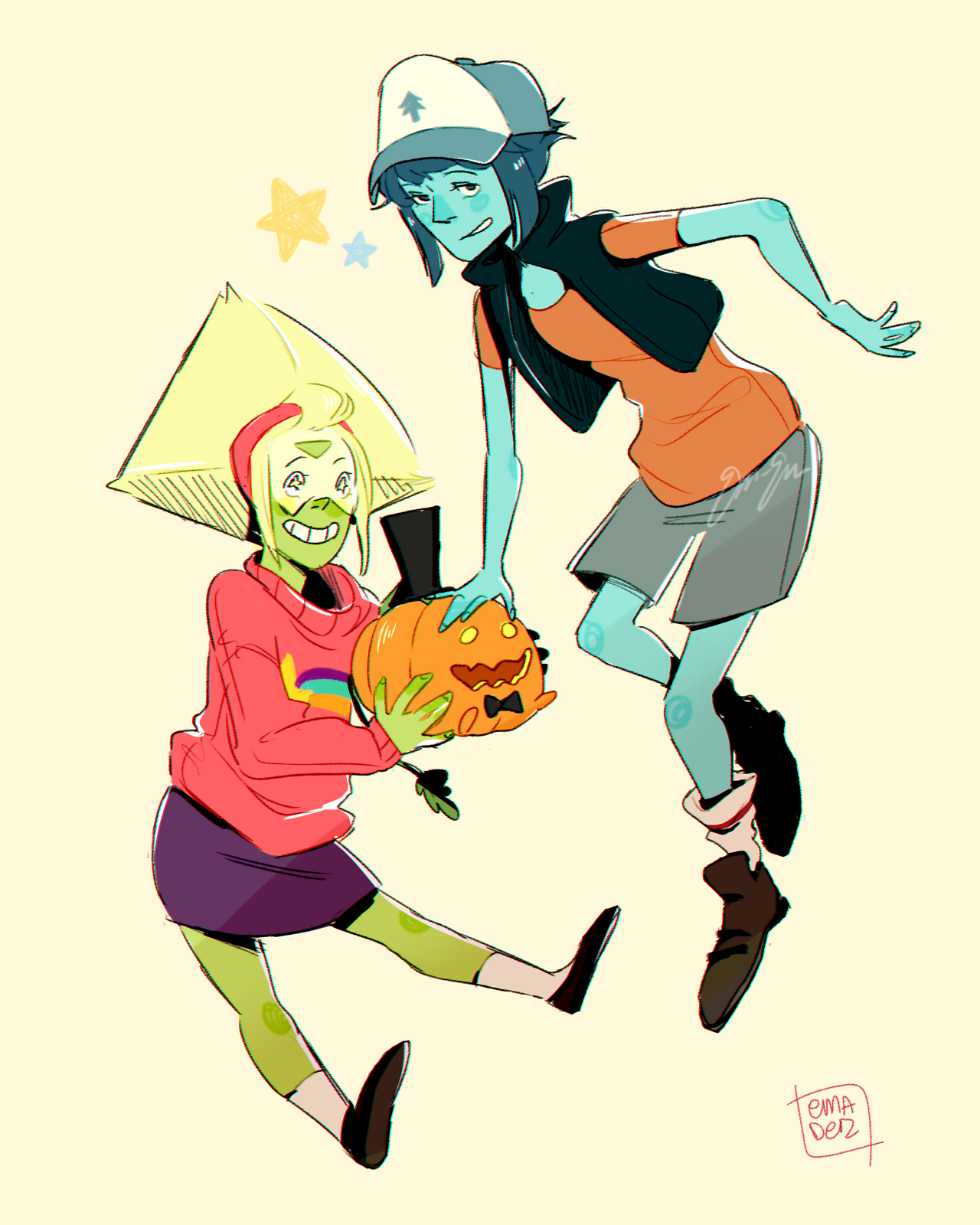 Then this popped in my head and I knew i just had to…so here’s Lapis and Peridot as the mystery twins~! (don’t forget that pumpkin bill~) *I really like this loose style