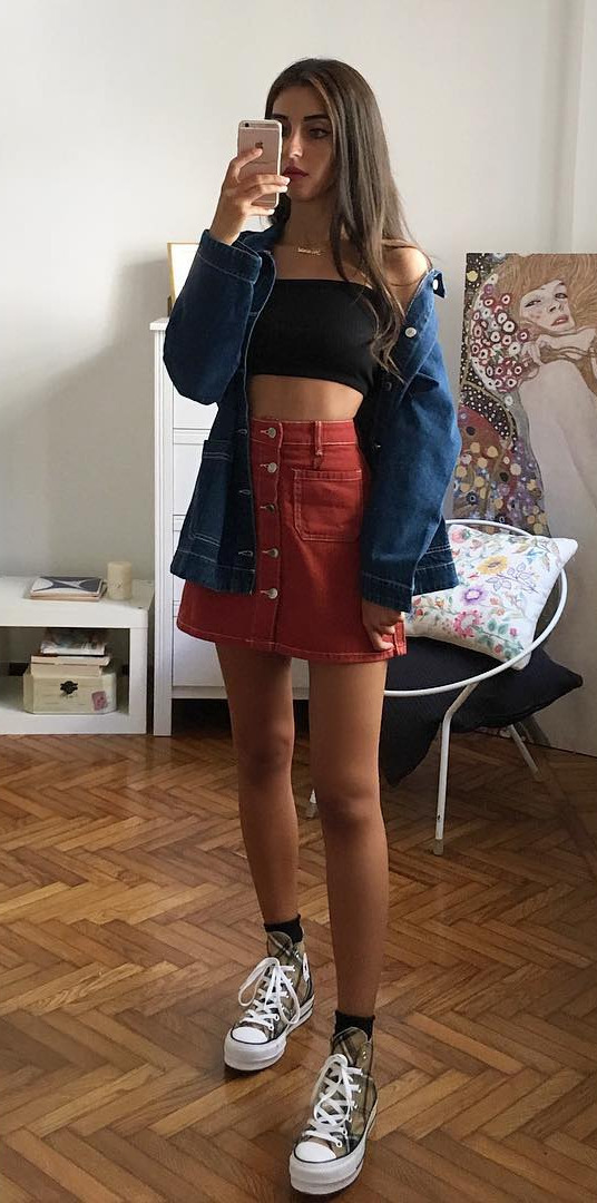 10 Denim Outfit Ideas We’ll All be Wearing in 2018 - #Cute, #Dress, #Outfitoftheday, #Best, #Streetwear Comment with orange emojis if you like this look !! {link in bio} - Outfit: bershkacollection , bershkastyle , converseexclusiveforbershka , converse 