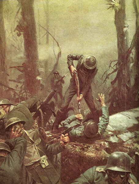 U.S. Marines in action at the Battle Belleau Wood in June 1918. - painting by Tom Lovell. [[MORE]] https://en.wikipedia.org/wiki/Battle_of_Belleau_Wood