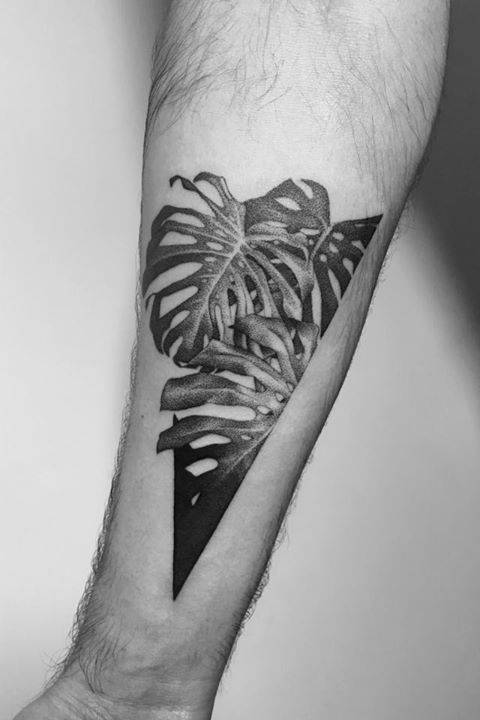 By Paweł Indulski · Dotyk, done at Holy Mary Tattoo Shop,... pawelindulski;dotwork;big;leaf;facebook;nature;blackwork;twitter;monstera deliciosa leaf;inner forearm;illustrative