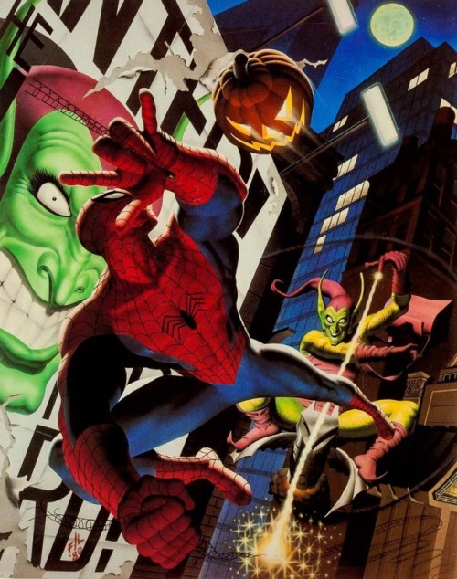 Spider-man vs Green Goblin art by Fastner and Larson.