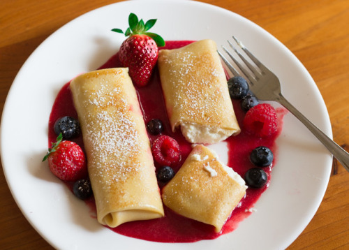sweetoothgirl:Cheese Blintz with Strawberry Sauce