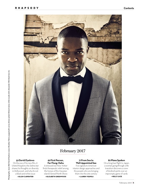 Close-up image of David Oyelowo wearing a Brooklyn Tailors dinner jacket in front of a dilapidated wall