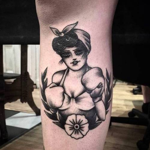 By Anem, done at MTL Tattoo Sud, Montreal.... feminist;shin;boxing;anem;traditional;facebook;twitter;profession;boxer girl;medium size;sport;other
