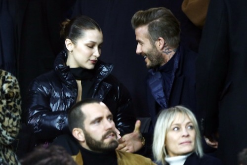 BellaHadid and David Beckham at PSG vs Real Madrid soccer...
