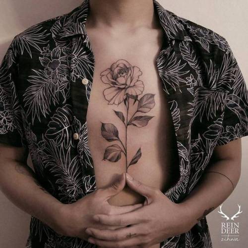 By Zihwa, done at Reindeer Tattoo Studio, Seoul.... flower;big;chest;rose;zihwa;facebook;nature;blackwork;illustrative