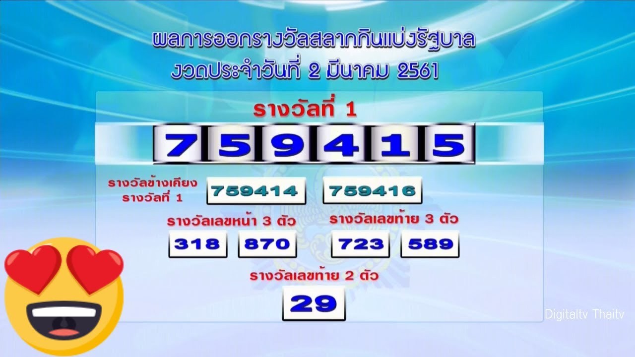 ผลสลากกินแบ่งรัฐบาลวันนี้ 2 มีนาคม 2561 ย้อนหลัง Lotterythai HD http://dlvr.it/QJVGDH