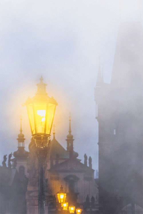 2seeitall - Lamp post in the morning fog on Charles Bridge,...
