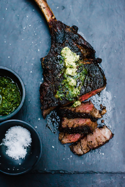 fattributes:Grilled Tomahawk Steak with Chimichurri Compound...