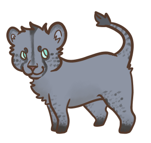 chibi grey lioness standing with black paws, striped black tail and cheetah spots on the face and legs