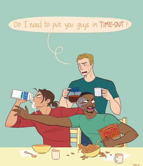 mechinaries - sam won’t share the cereal, so bucky drinks all the...
