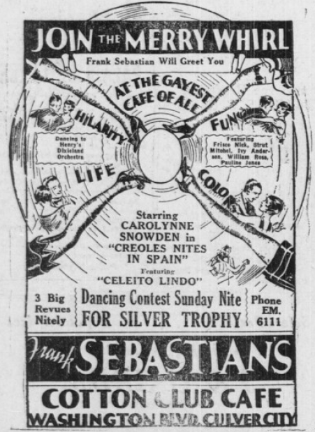In a February 1927 issue of the USC Daily Trojan, both Frank Sebastian’s Cotton Club Cafe and Paulais took out advertisements in the paper’s “Dine and Dance” section. “Join the Merry Whirl,” Frank Sebastian’s invited, for the chance to win the silver...