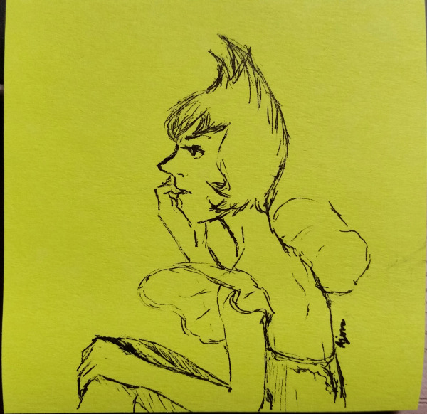 3x3″ post-it note doodle, ink only. Yellow Pearl waiting. It can’t be very pleasant being around Yellow Diamond when she’s unhappy.