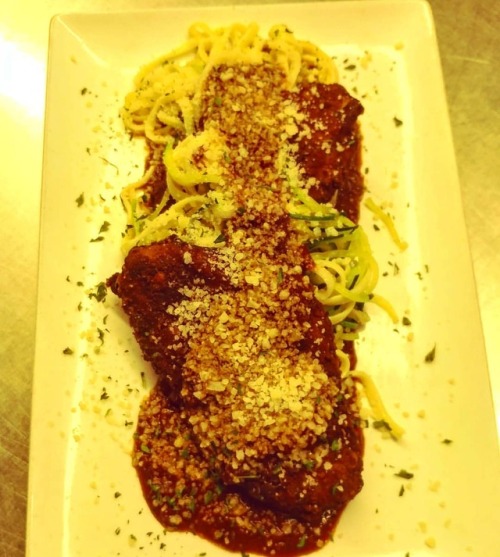 Chicken Parm Rosemary and garlic fried chicken with linguine and...