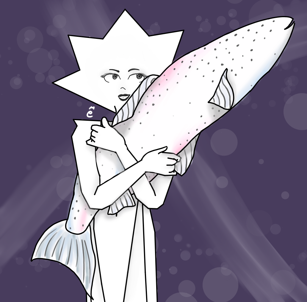 Anonymous said: Can you draw white diamond from Steven universe holding a giant rainbow trout pillow plushie? The pillow I want you to draw is in a vid called spring fling cosplay stuffed fish...