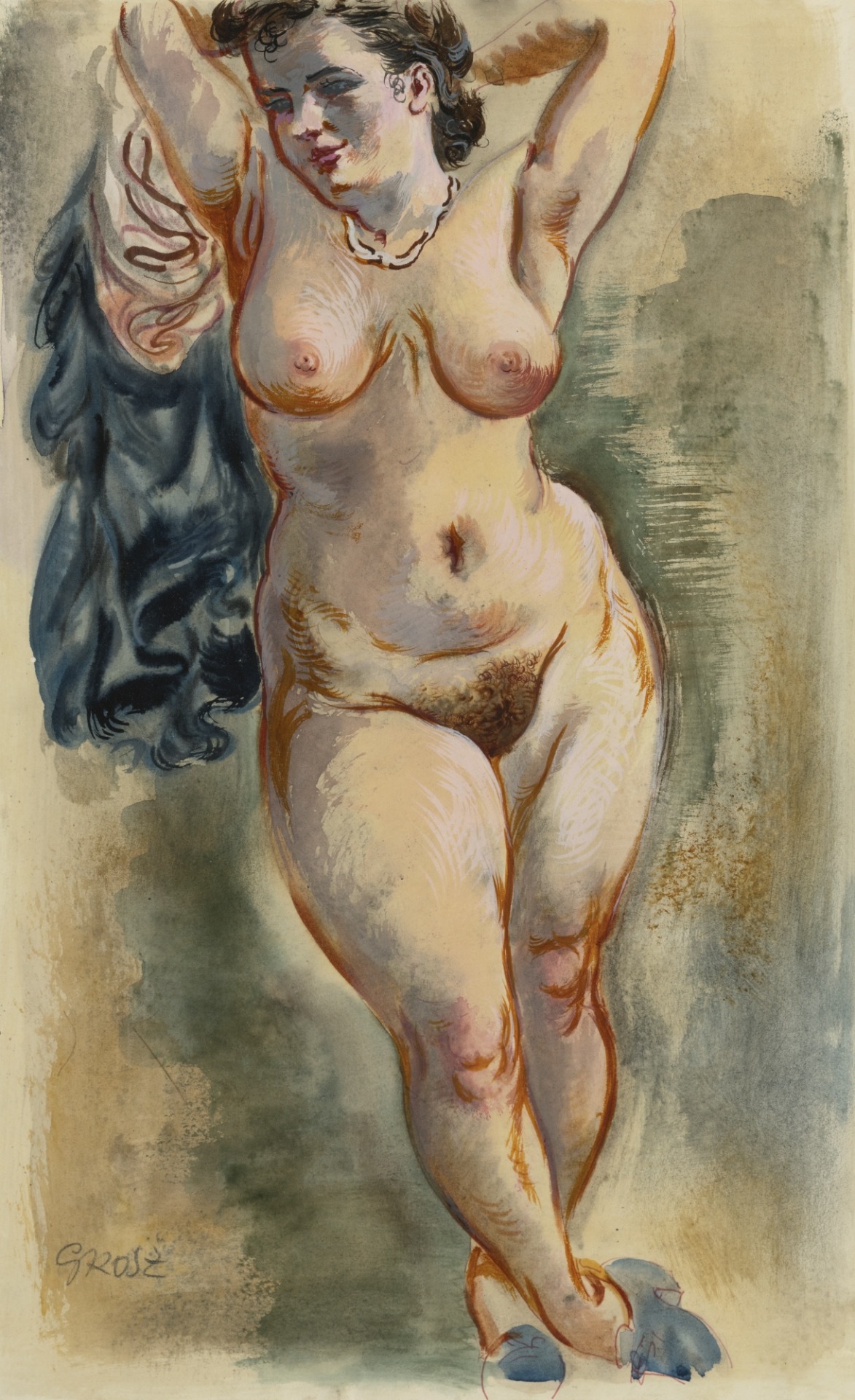 thunderstruck9: “George Grosz (German, 1893-1959), Standing female nude, 1940. Watercolour and gouache on paper, 58.5 x 39.7 cm. ”