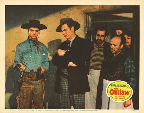 original lobby card for The Outlaw (1943). Howard Hawks filmed for one week and then left to direct Sergeant York. It took Howard Hughes awhile to complete the film, and then he had censorship battles. The result was a poor western with only Jane...