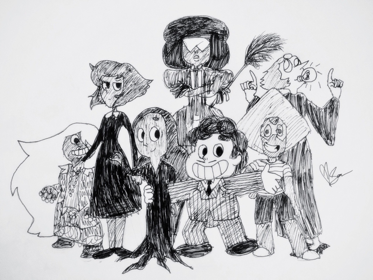 Day 22: Draw any group or family from television/film (or your own family!) as if they were The Addams Family. It was inevitable that I’d draw Steven Universe at least ONCE this month lol