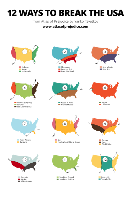 atlasofprejudice - 12 Ways to Break the USA, an infographic with...