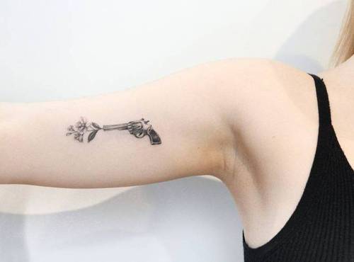 Tattoo tagged with: small, single needle, revolver, inner arm, tiny, ifttt,  little, gun, weapon, ghinko 