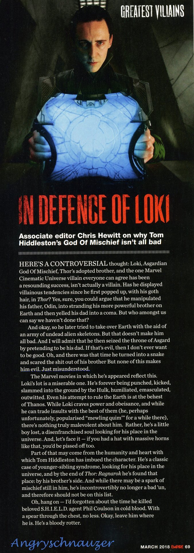 Empire Magazine’s Top 20 Villains of All Time. #3 Loki.
March 2018