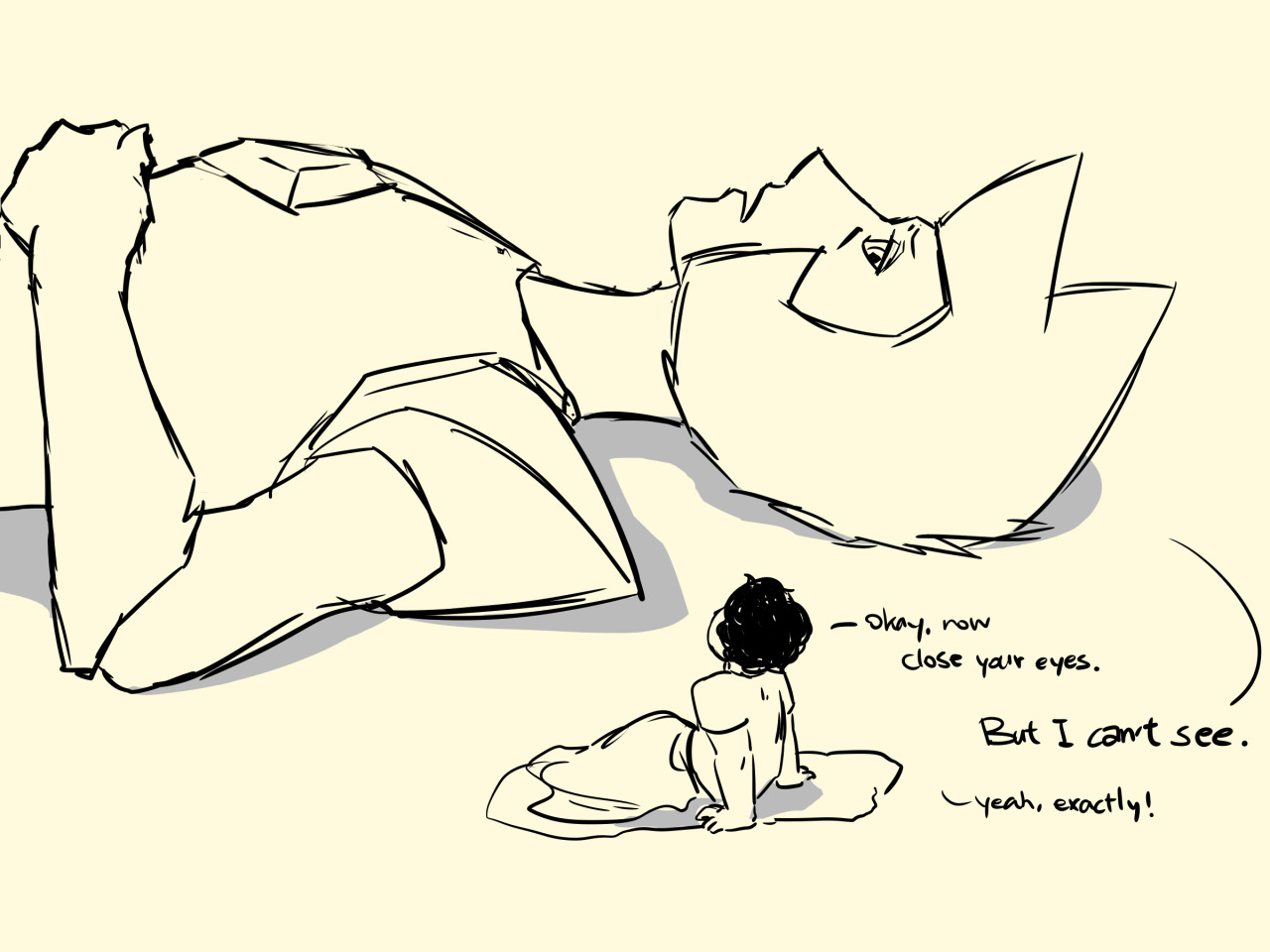 pixiedustandfairypowers said: Can you draw Steven teaching Yellow Diamond how to sleep? Answer: (In case the text is too small: Steven-”Okay, now close your eyes.” YD-”But I can’t see.” Steven-”Yeah,...