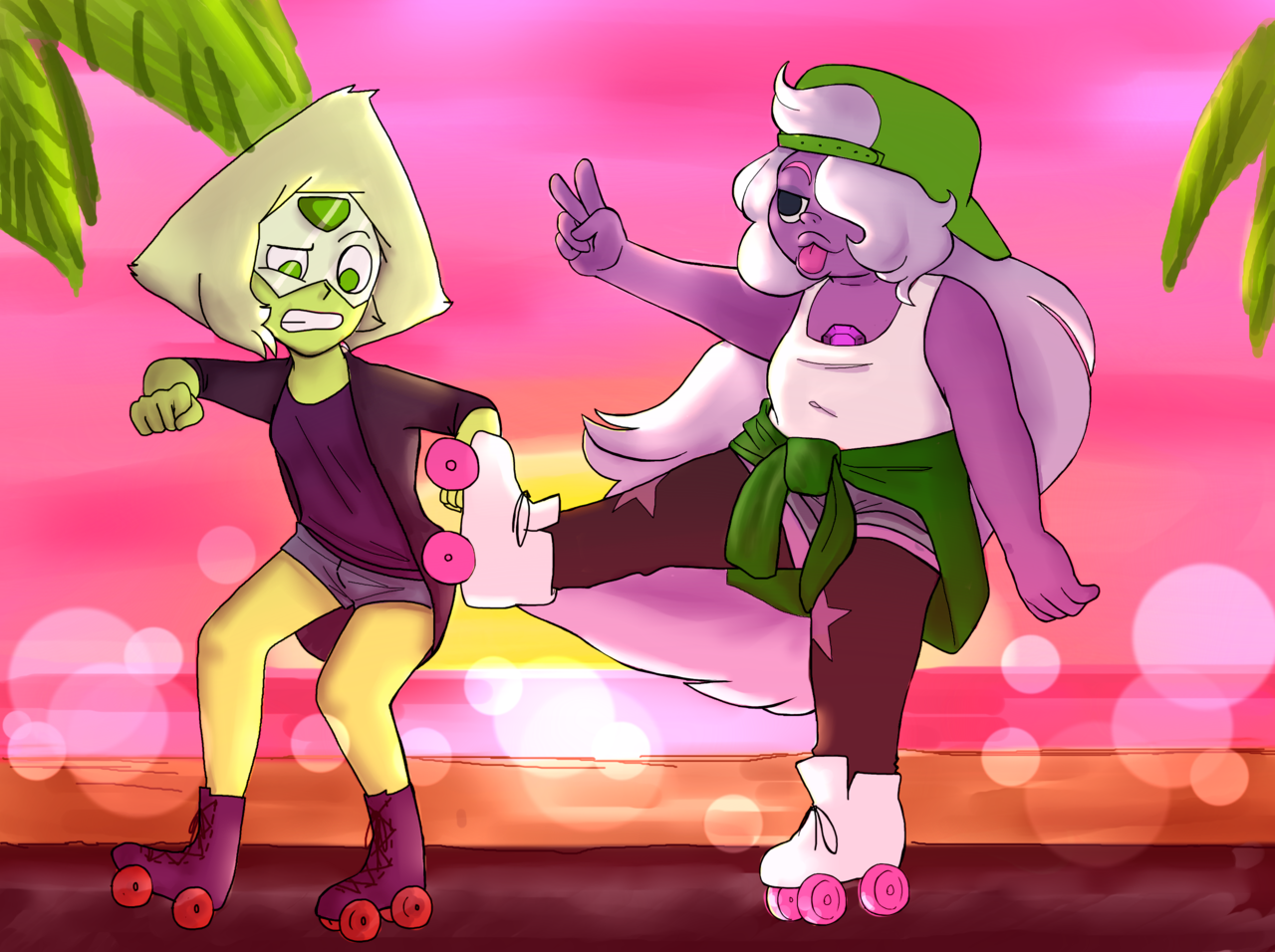 some Amedot??? i was gonna do the amedot week thing, but i chickened out but after all that, i finally put on my big girl pants. Amethyst and Peridot on the boardwalk. Amethyst is probably teaching...