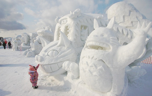 Totoro snow sculpture at the Asahikawa Winter Festival,...