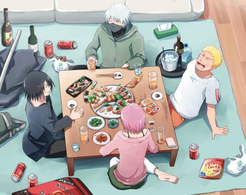 Team 7 having dinner together while laughing about old times.