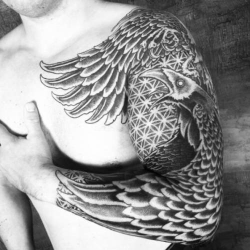 By Peter Madsen · Blackhand, done at Meatshop Tattoo, Barcelona.... flower of life;wing;big;animal;of sacred geometry shapes;bird;facebook;blackwork;twitter;raven;religious;sleeve;peterblackhandmadsen;illustrative