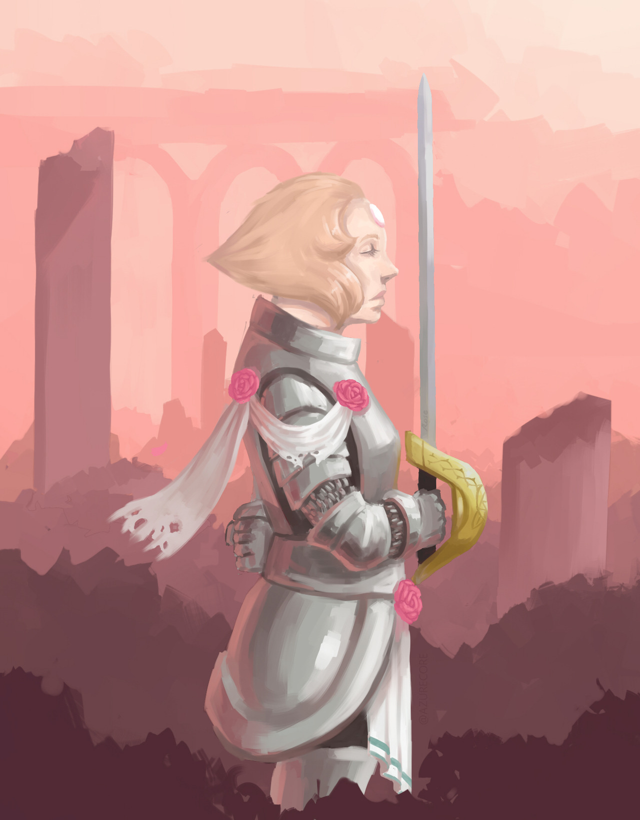 “ill do it for her” some SU pearl fan art i made I imagined pearl as a knight standing in the middle of the ruins of once rose’s castle anyway hope u guys like it