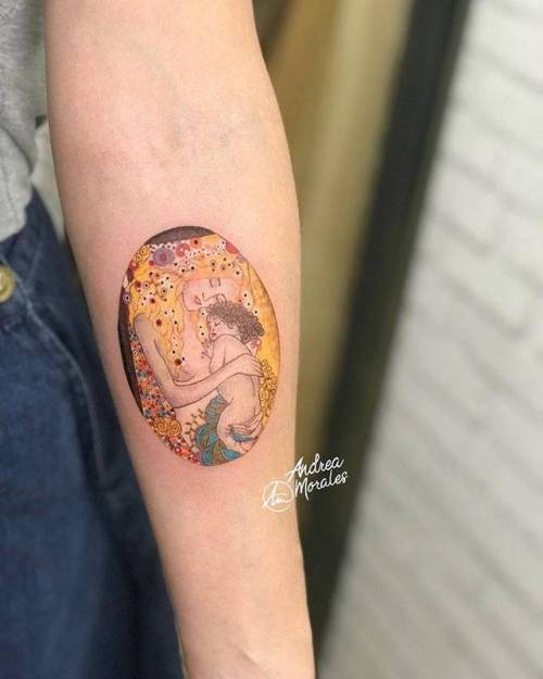 By Andrea Morales, done at 958 Tattoo, Granada.... art;small;andreamorales;patriotic;gustav klimt;contemporary;tiny;travel;ifttt;little;the three ages of woman;inner forearm;medium size;austria;illustrative