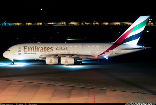 Emirates Airbus A380 taxis past after arriving in Singapore.