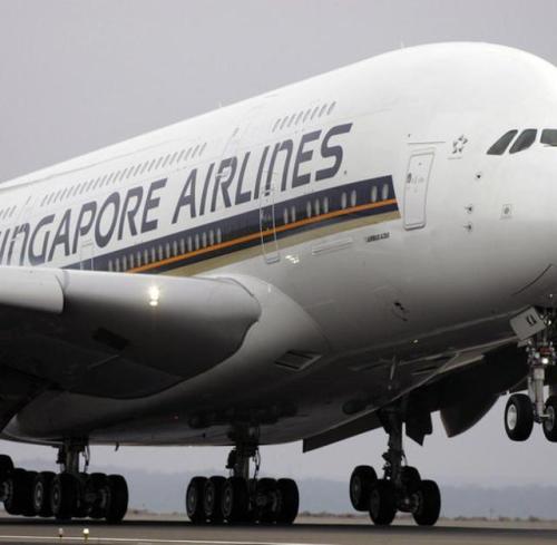 Singapore Airlines A380 landing close up.