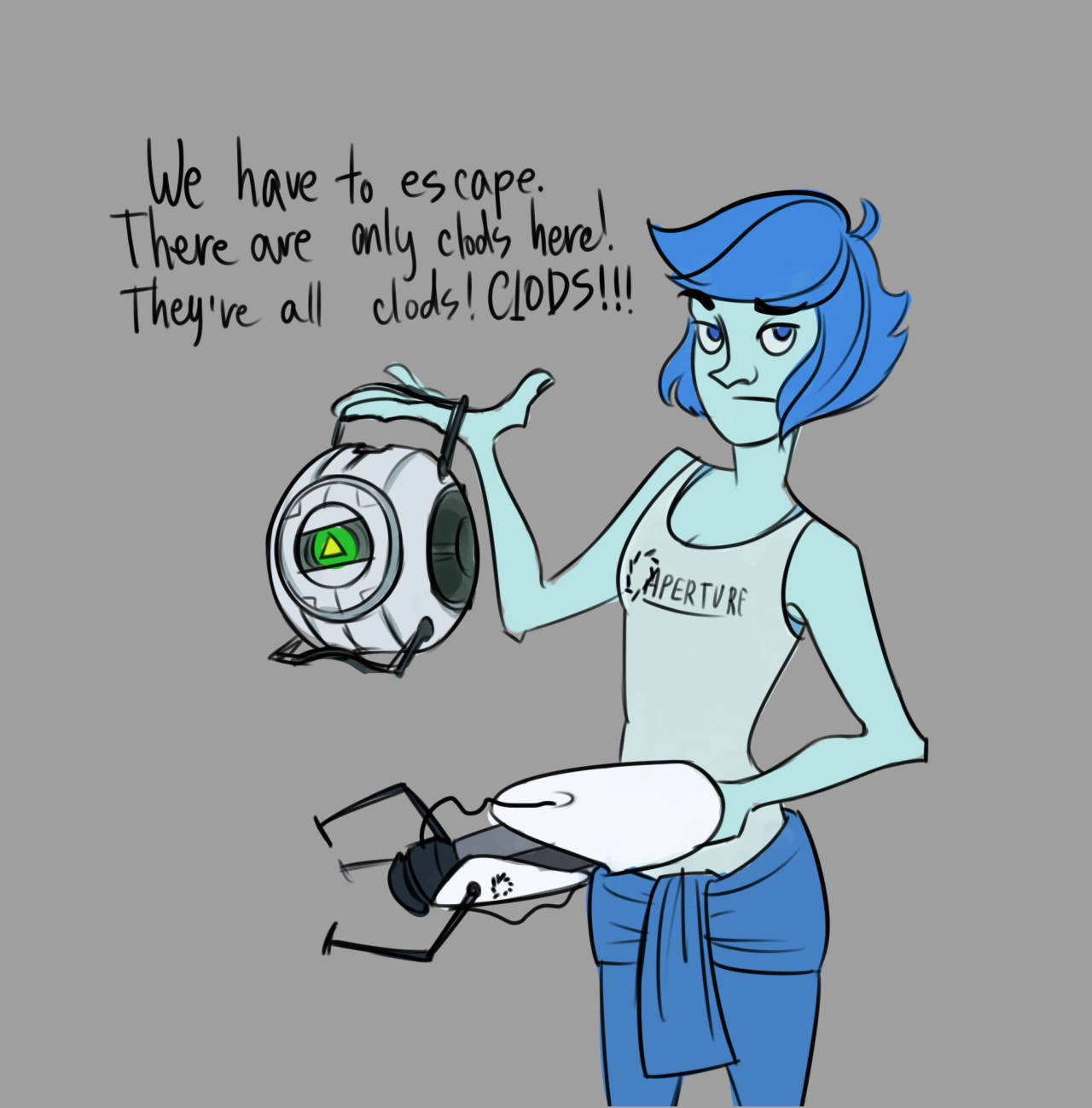 twid-vegas said: {Crossover Idea: Portal AU Where Peridot is Wheatley and Lapis Lazuli is Chell [or Peridot is Chell and Lapis is Wheatley]} Answer: Lapis is good for a mute test subject and Peridot...