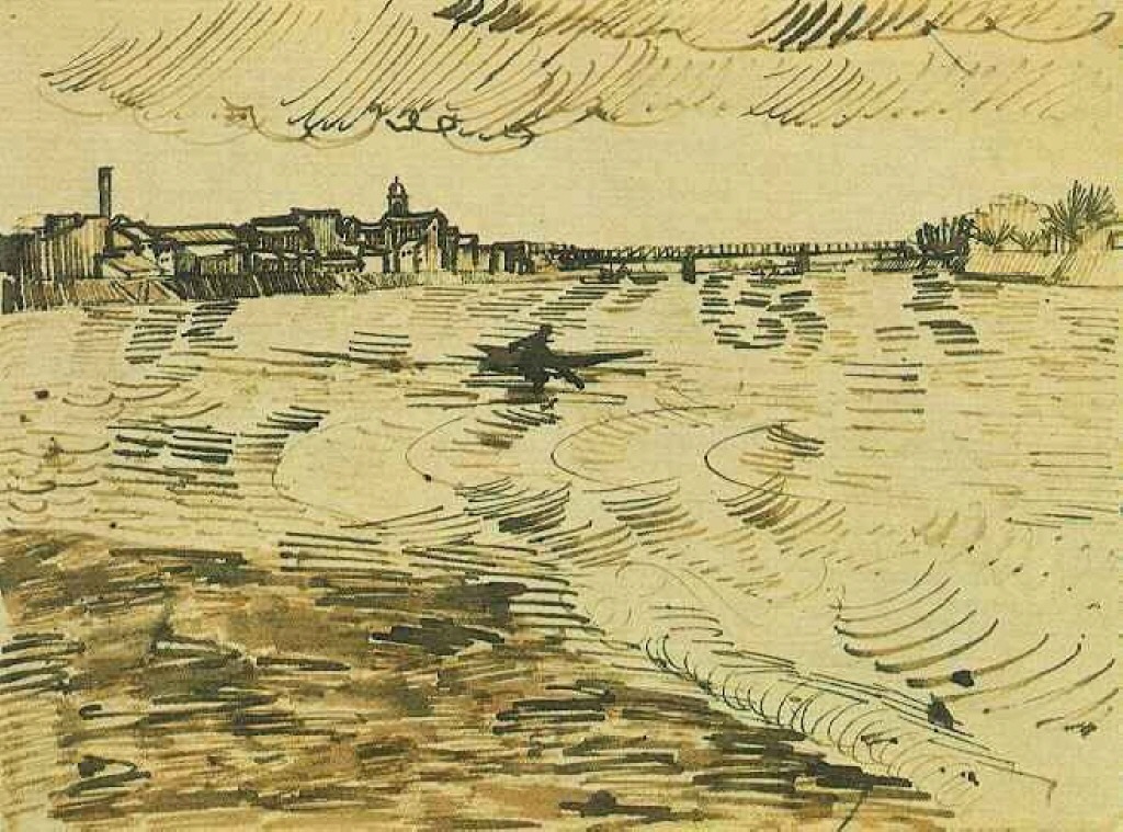artist-vangogh:
â€œ The Rhone with Boats and a Bridge, 1888, Vincent van Gogh
Medium: ink on paperâ€