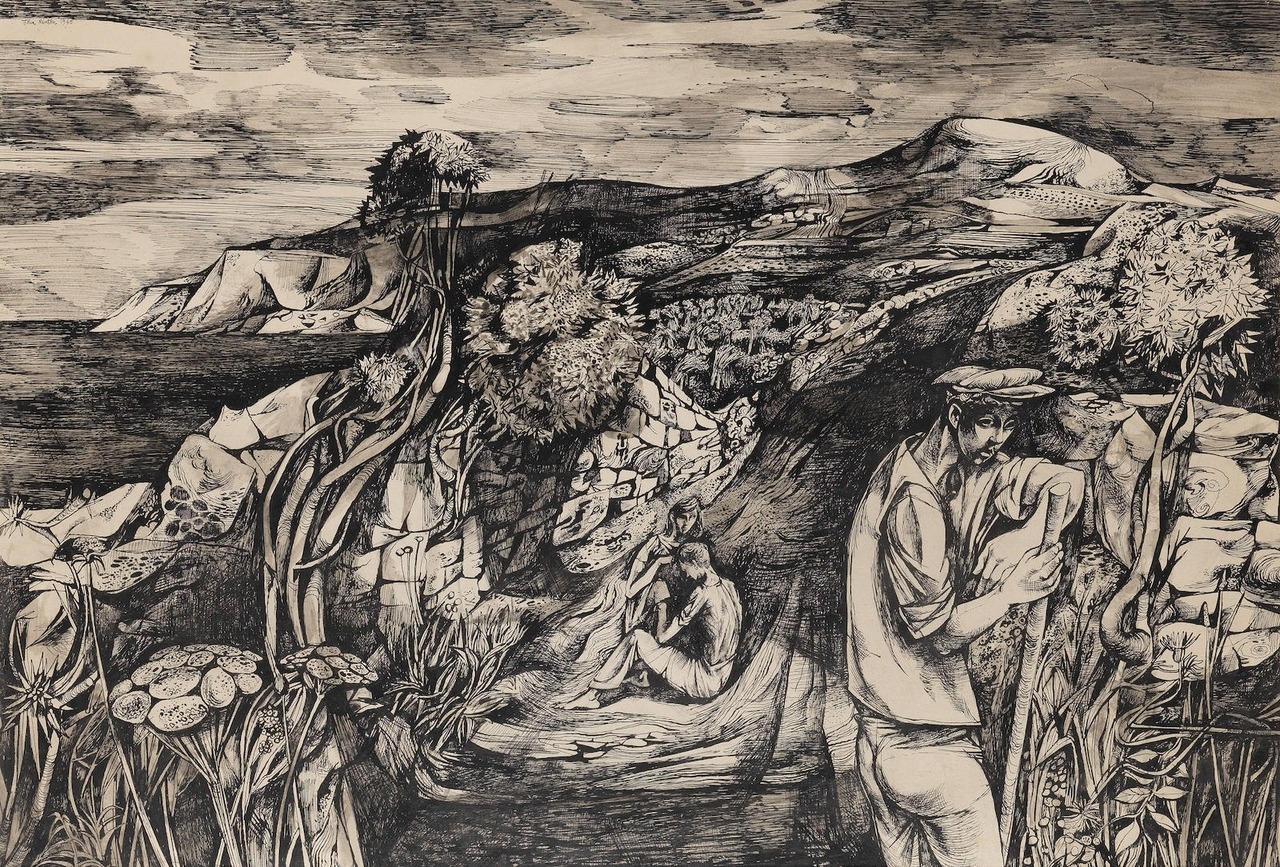 thunderstruck9:
â€œJohn Minton (British, 1917-1957), Summer Landscape, 1945. Pen and ink on card, 55.8 x 80.7 cm.
â€
