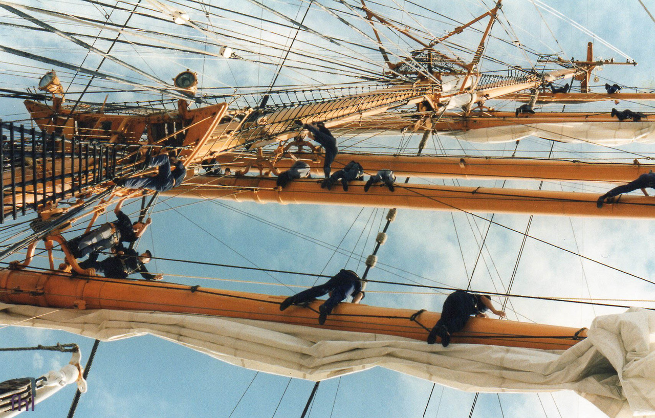 Crew’s aloft in the main mast of the Kruzenshtern. Taken when she visited Copenhagen once. Own photo.
Kruzenshtern or Krusenstern (Russian: Барк Крузенштерн) is a four-masted barque that was built in 1926 at Geestemünde in Bremerhaven, Germany as...