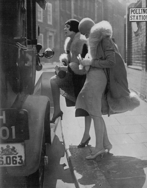 yesterdaysprint - Two ladies leaving a polling station, London,...