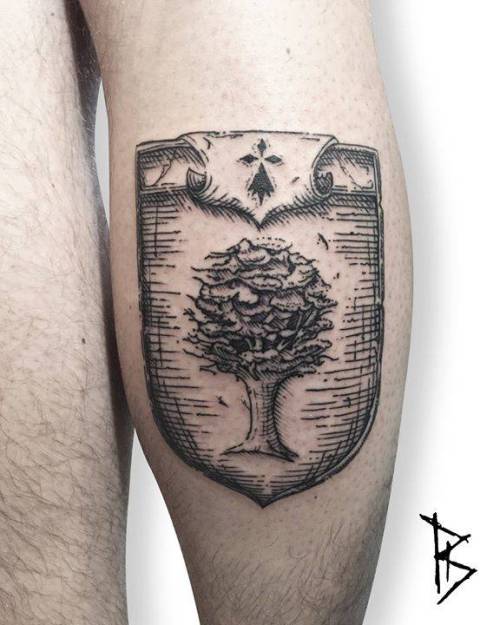 By Loïc LeBeuf, done at Atomik Tattoo, Rennes.... tree;calf;heraldic;loiclebeuf;facebook;nature;blackwork;twitter;engraving;medium size