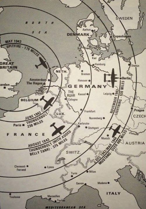 warhistoryonline - A map of the distance WWII fighters can fly...