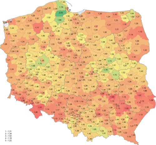 mapsontheweb - Total fertility rate in Poland by powiats. Keep...
