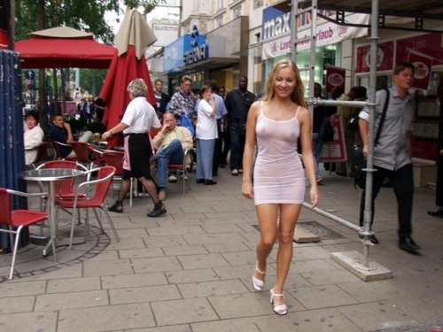 carelessinpublic - In her transparent dress outside a restaurant...
