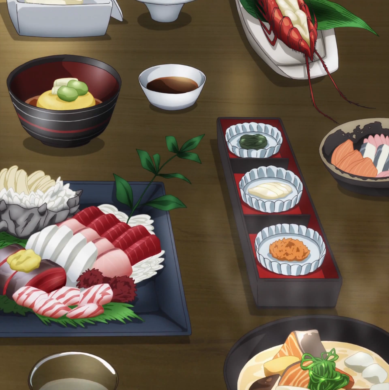 Itadakimasu Anime! - An elaborate dinner of sashimi, soup, and many...