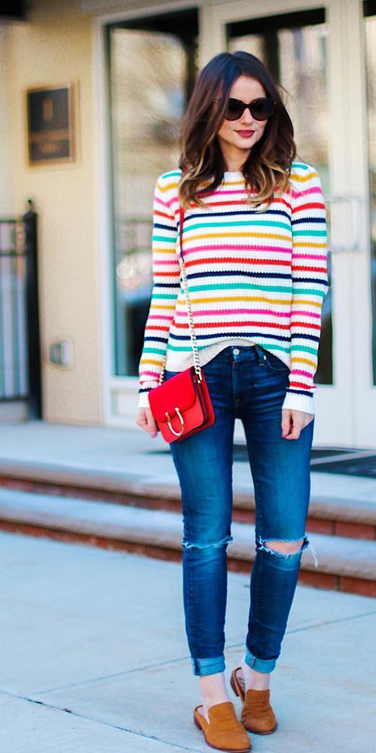 10 Happy Day Outfit Ideas in Any Colors - #Stylish, #Outfit, #Outfits, #Good, #Pic May or may not have a little too many brightly colored striped sweaters lately! just makes this cold weather seem a little less gloomy. , liketkit 