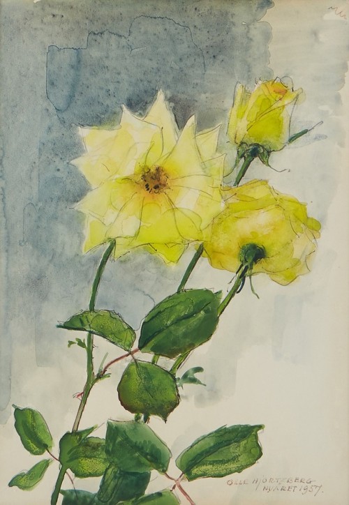 Olle Hjortzberg (1872-1959) - Yellow roses, watercolor, 34 x...