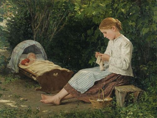 realism-love - Knitting Girl Watching the Toddler in a Craddle,...